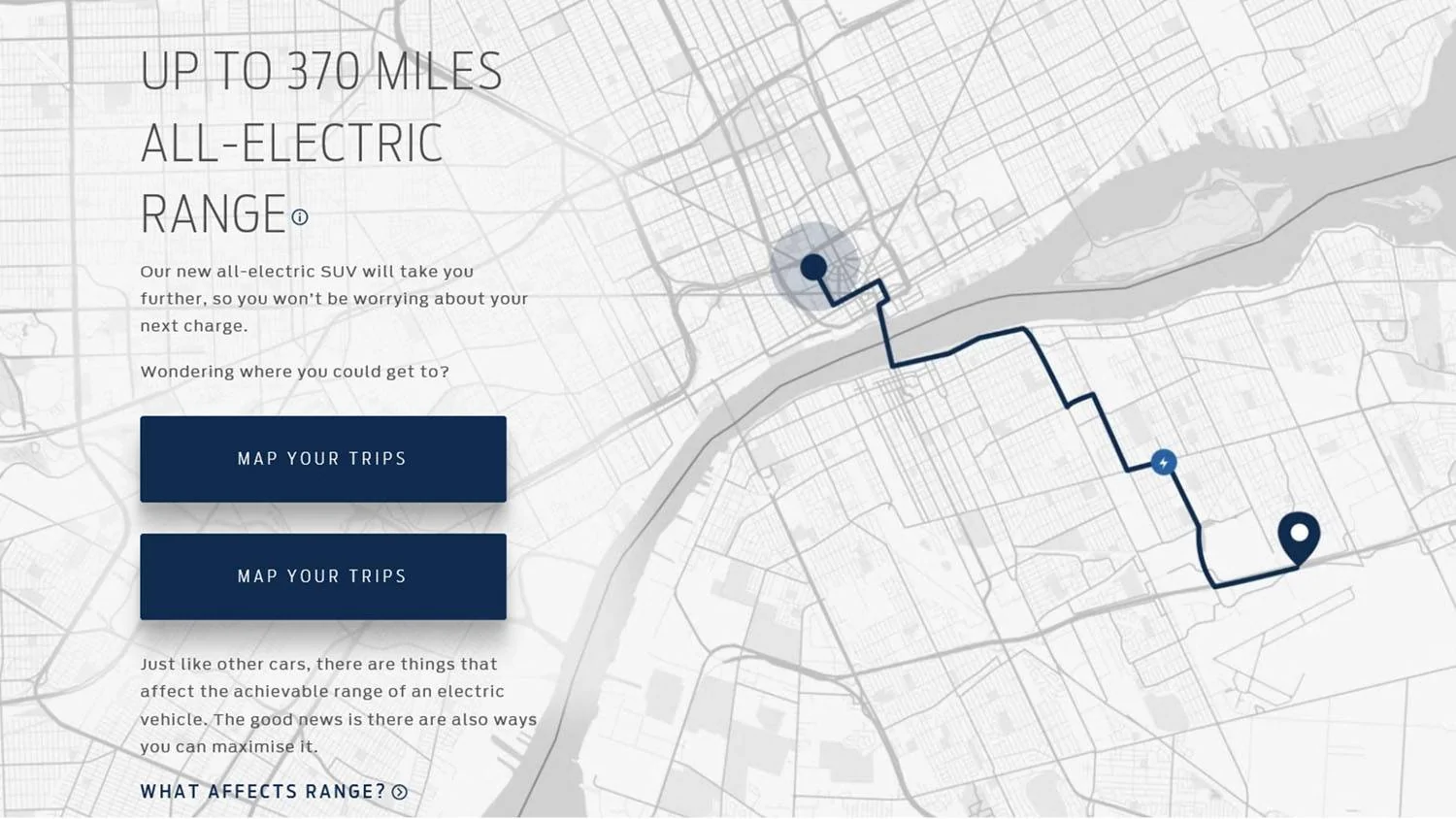 Ford Mustang Mach-E Mach E website shows how far 370 miles will go for you Ford-Electric-SUV-Map-001