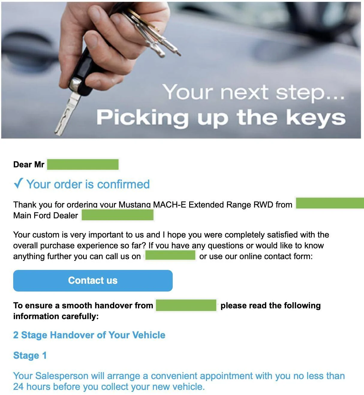 Ford Mustang Mach-E Dealer getting a bit carried away - hilarious email fail Order confirmation