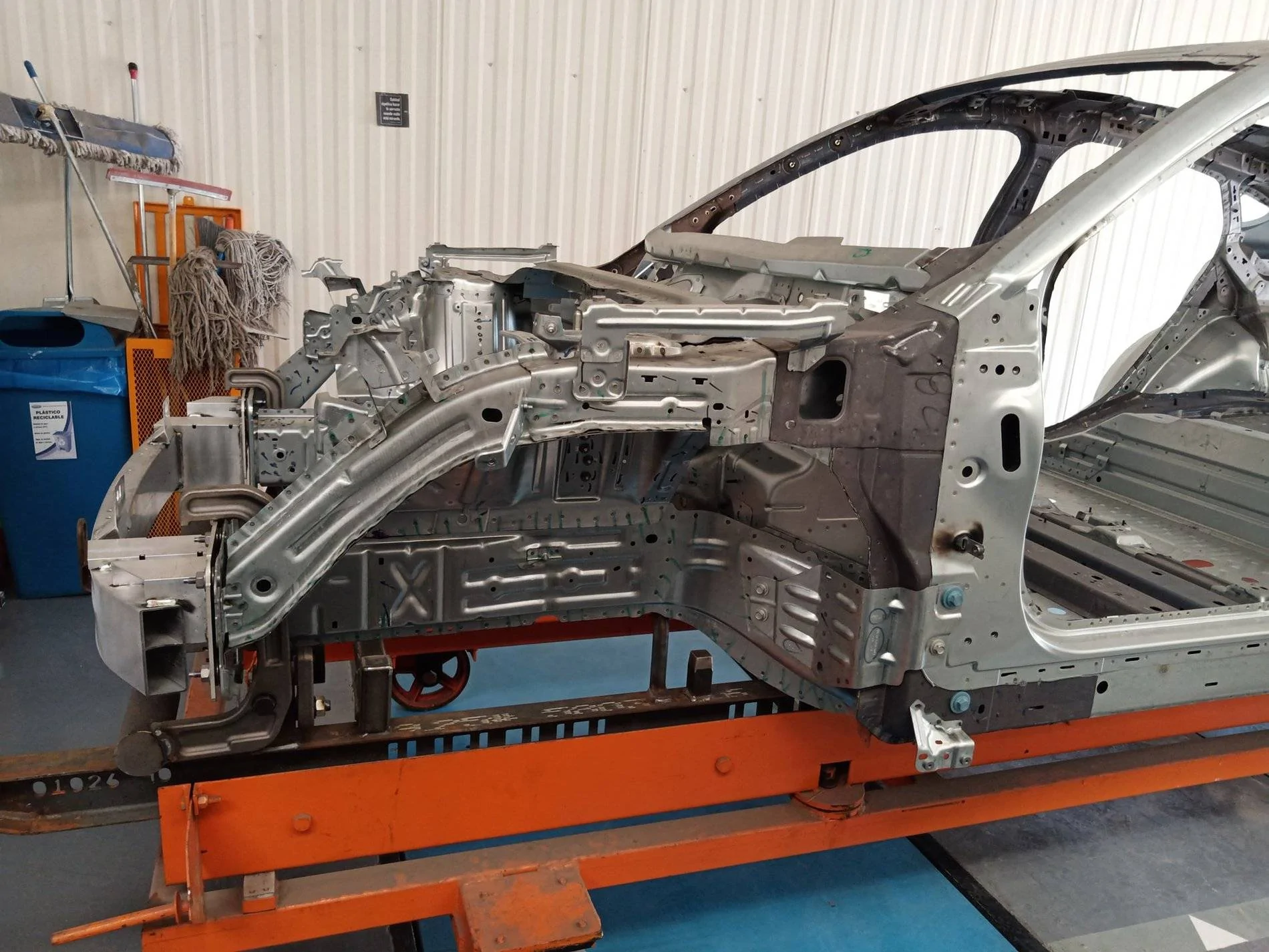 Ford Mustang Mach-E Naked Mach-E shell / frame (body in white) and Iconic Silver Preproduction seen in Mexico factory Mustang Mach-E Shell Frame Mexico Factory 2