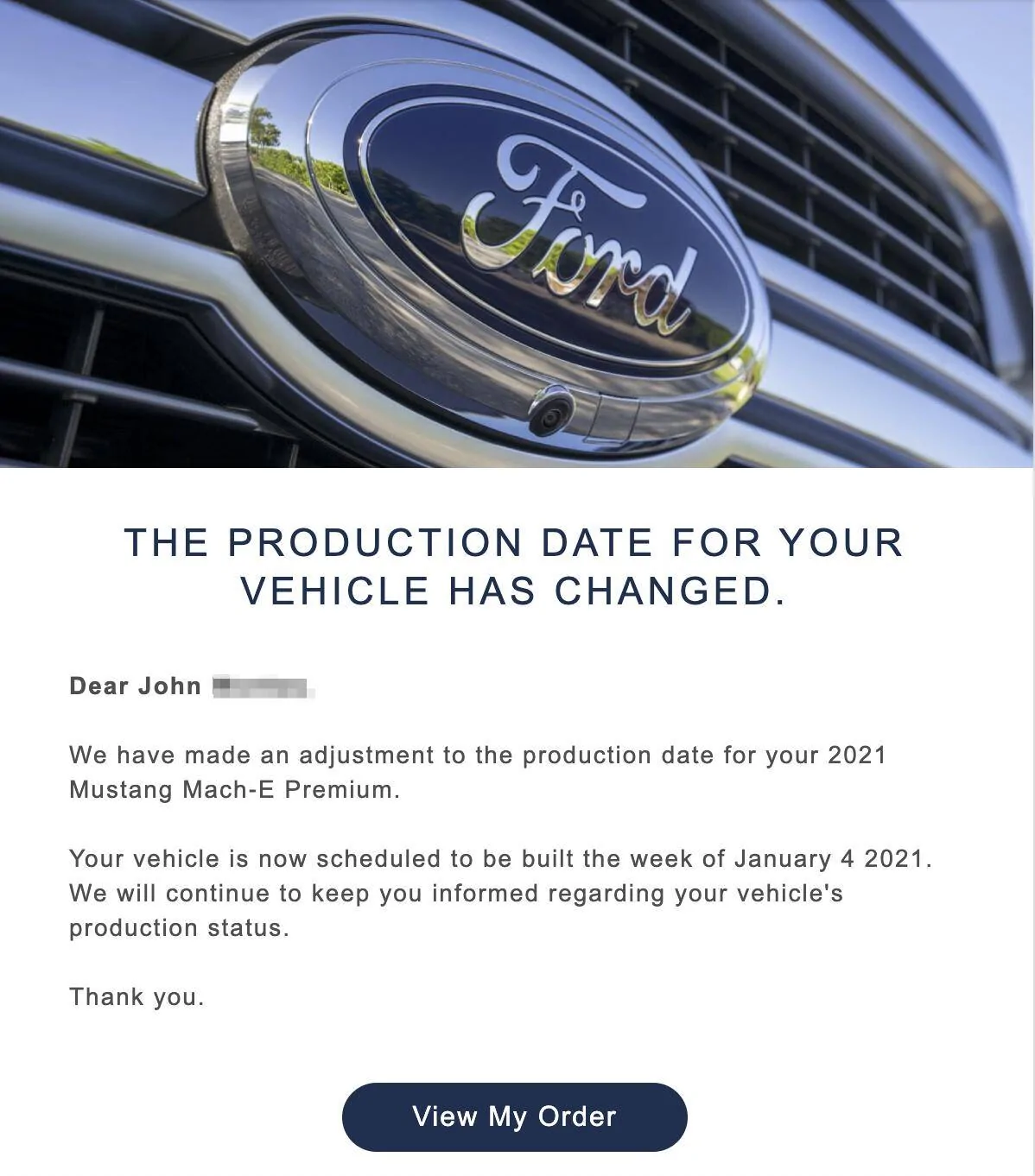 Ford Mustang Mach-E Build Date slipped a week.  Ugh. 1607730429643