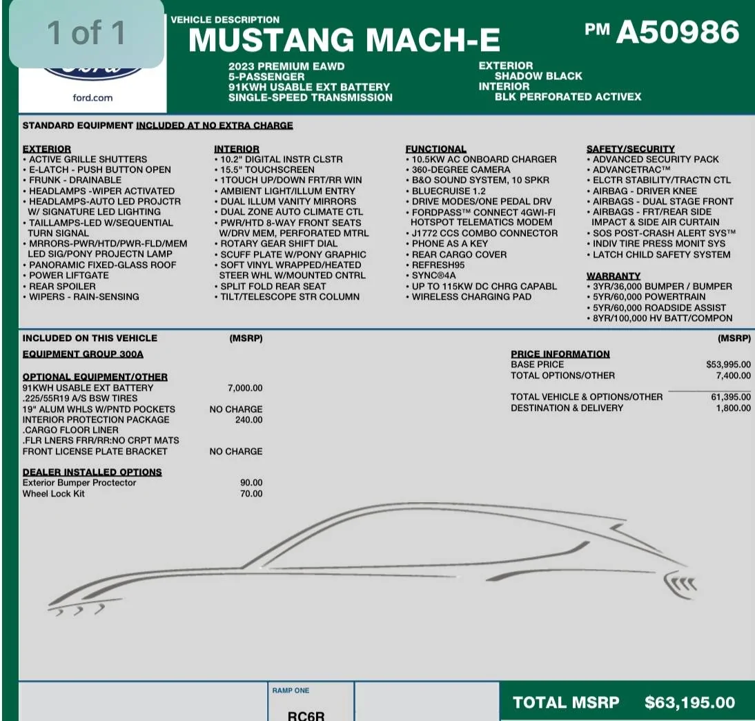 Ford Mustang Mach-E Question regarding pricing on old and new window sticker IMG_2617