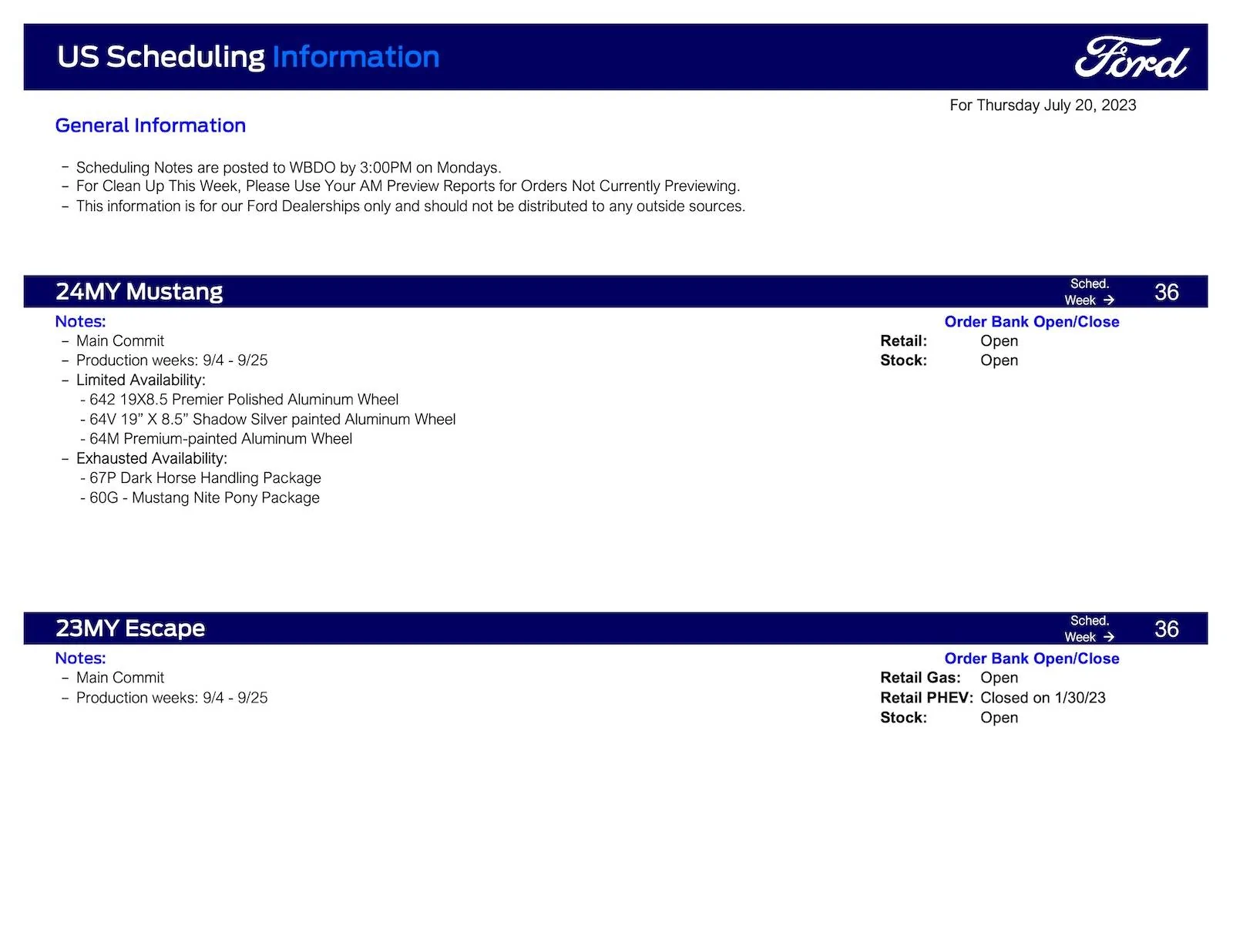 Ford Mustang Mach-E Mach-E Scheduling This Week (7/20/23) for Production Weeks 9/4-9/25 Ford Scheduling Information - 7.17.23-1