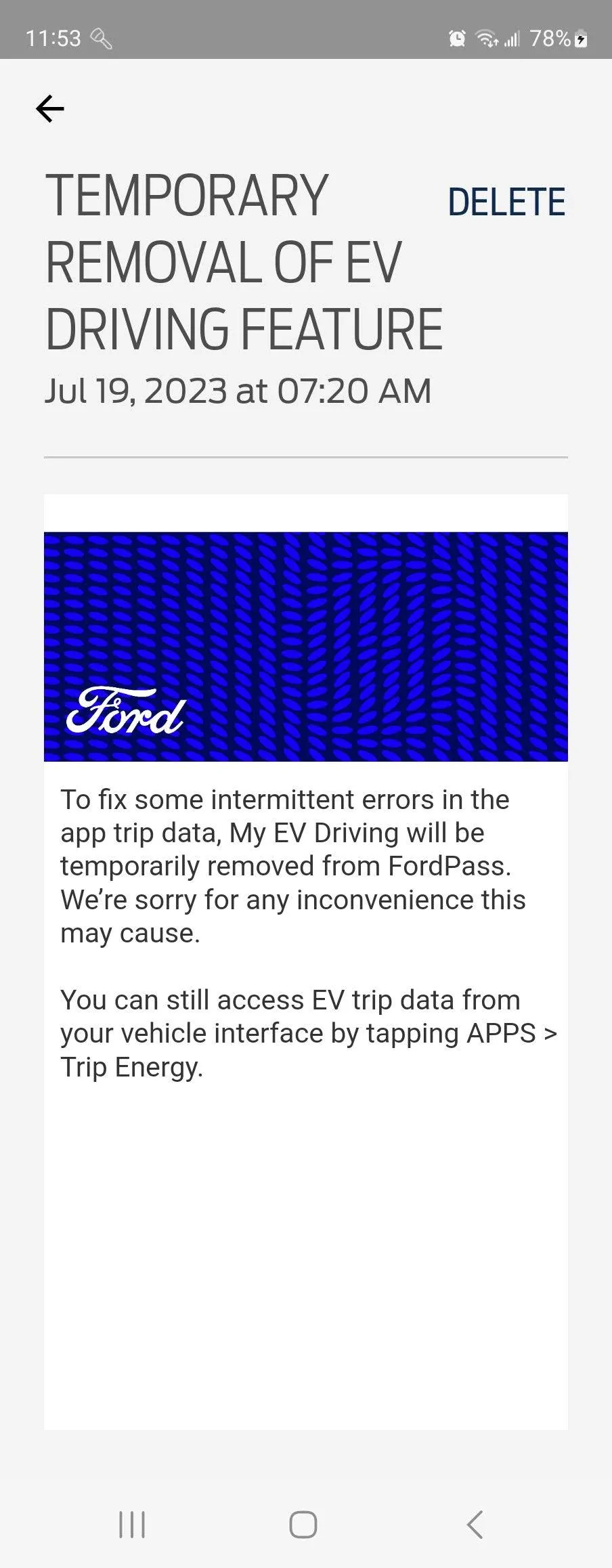 Ford Mustang Mach-E Trip log has disappeared from Ford Pass unnamed