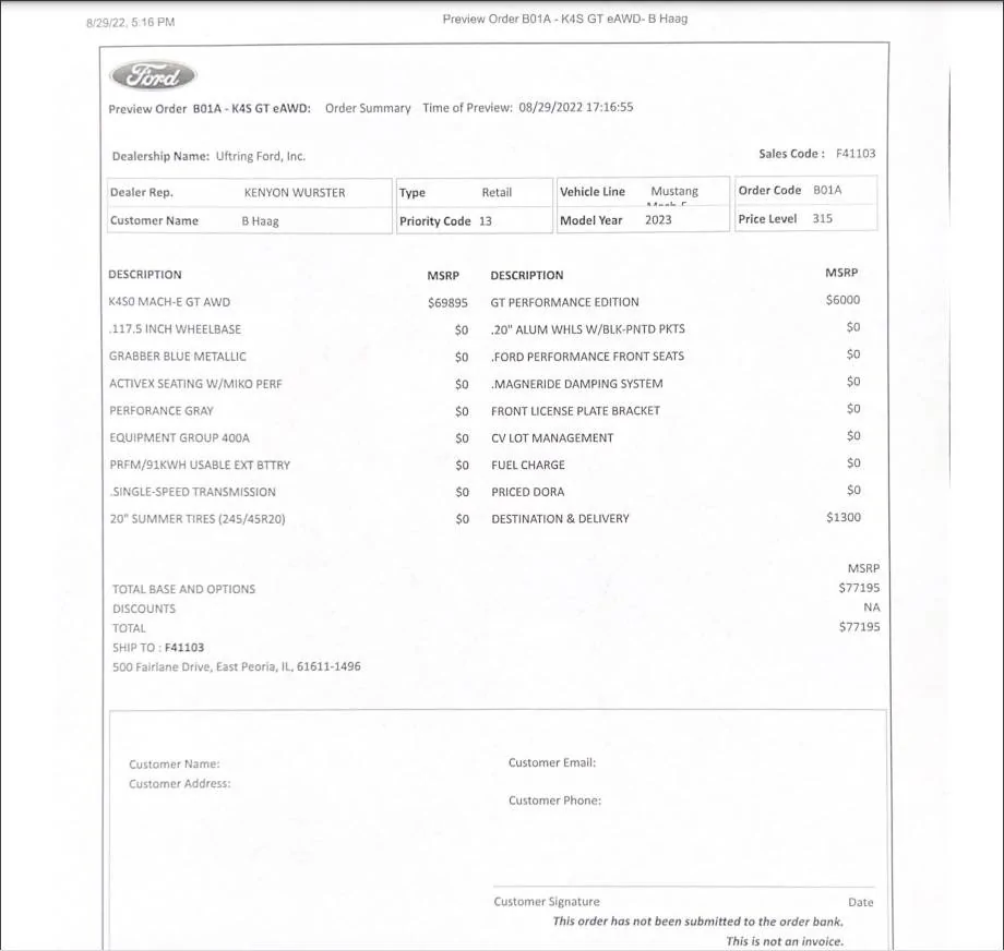 Ford Mustang Mach-E Error in order DORA