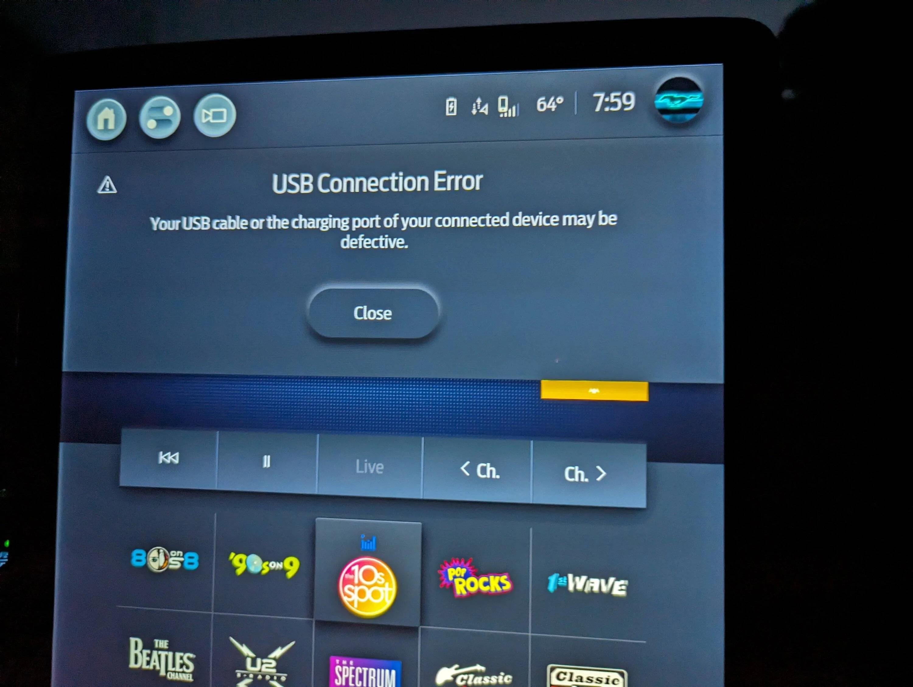 Ford Mustang Mach-E USB Error Connection Message randomly flashing USB Connection Error Messag