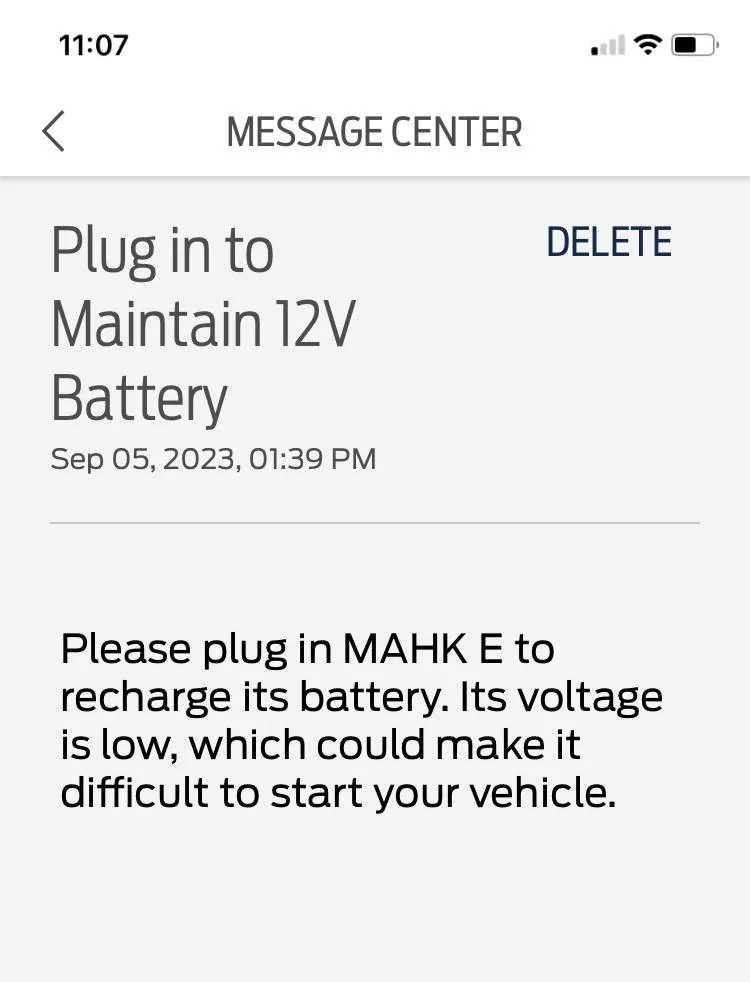 Ford Mustang Mach-E Low Voltage Battery low notification IMG_7050
