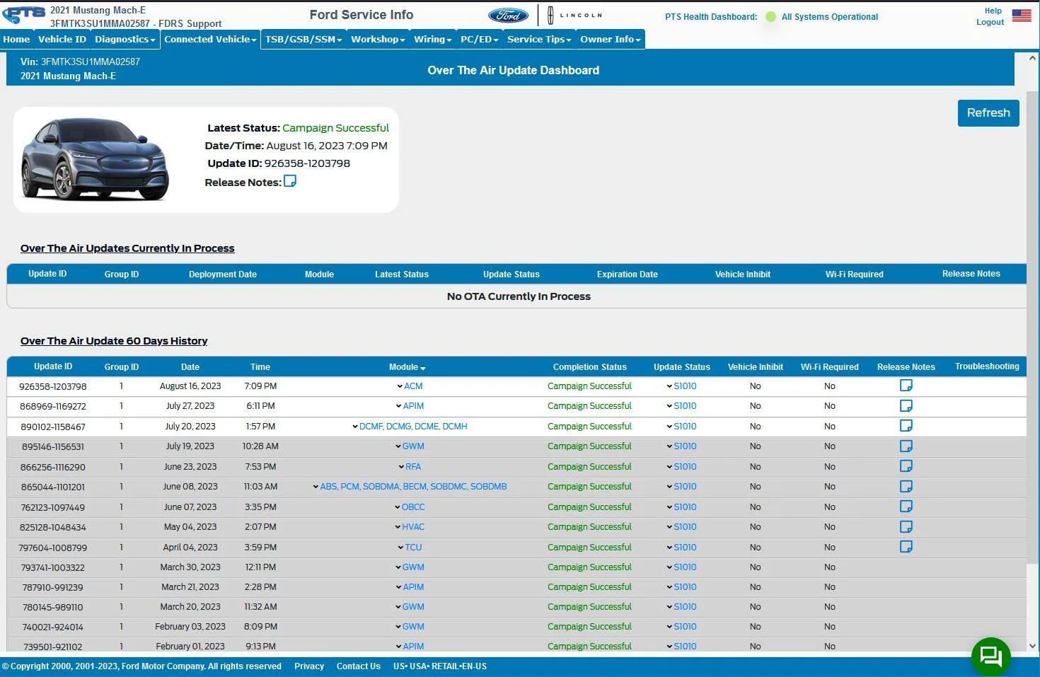 Ford Mustang Mach-E Post here if you have an active FDRS account and are willing to look up info for others 3FMTK3SU1MMA02587-19-Sep-23OTA