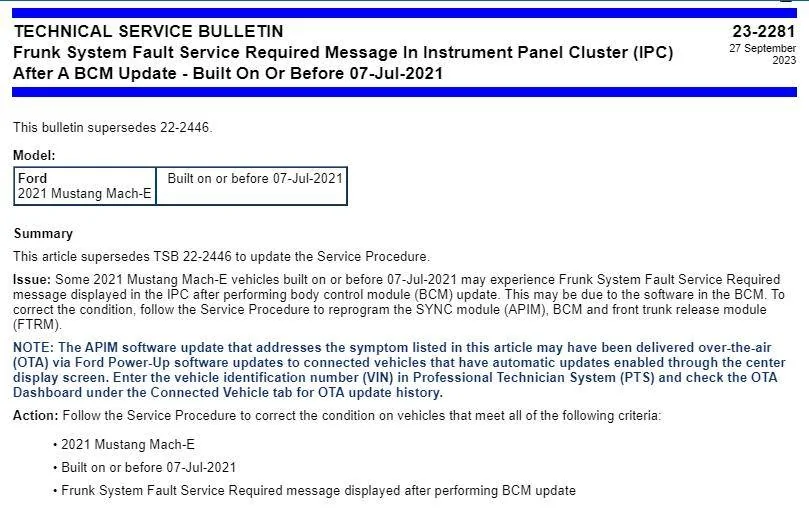 Ford Mustang Mach-E TSB 23-2281: 'Frunk System Fault Service Required' Error Message for 2021 Mach-E 1695993705500