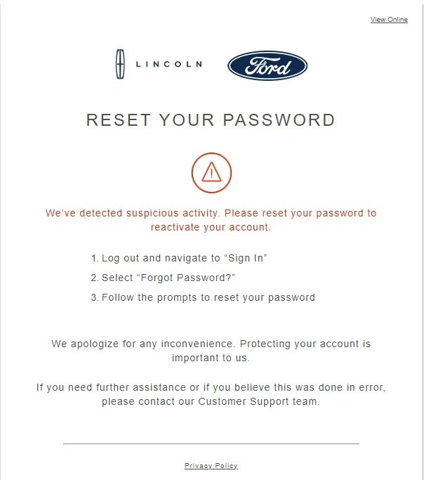 Ford Mustang Mach-E ford.com Password Reset E-mail 1697232658924