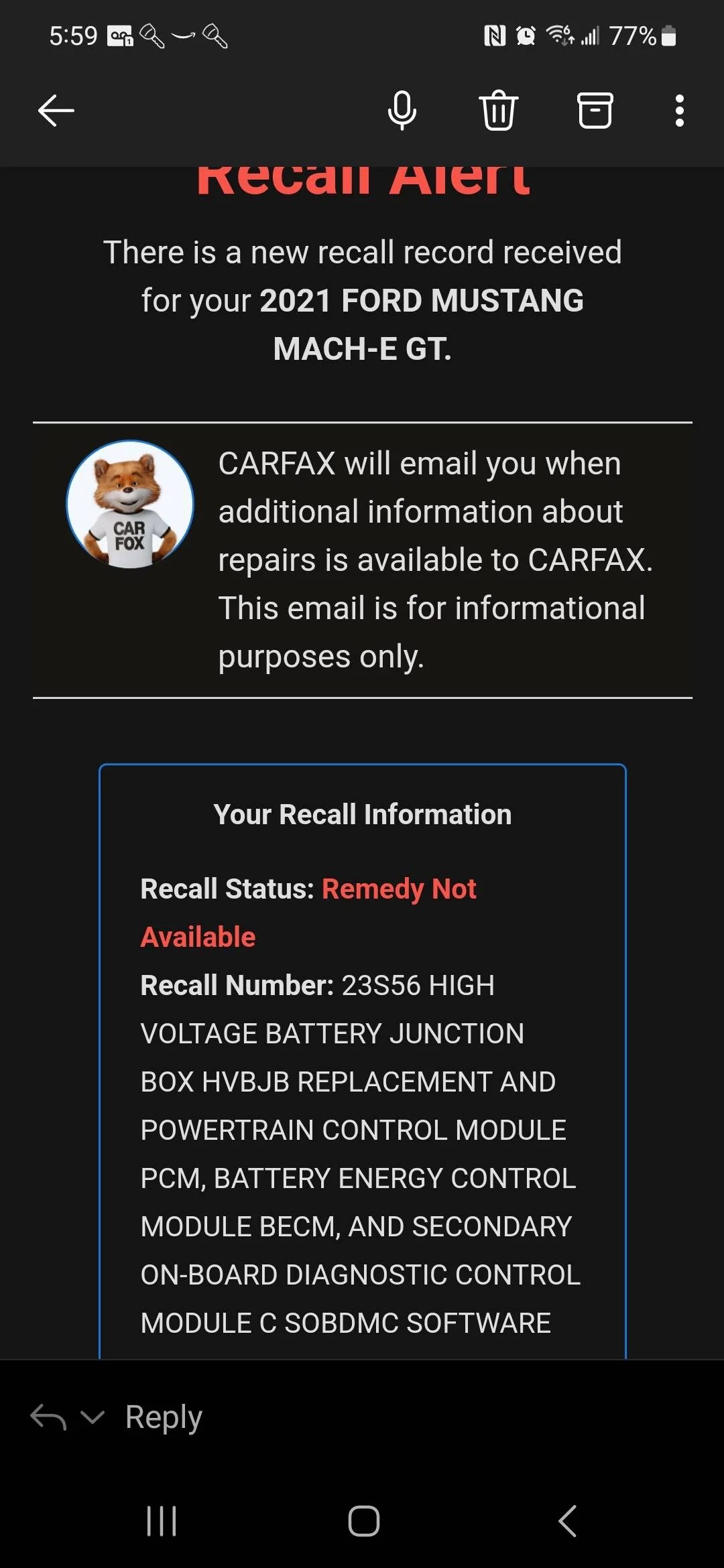 Ford Mustang Mach-E High Voltage Battery Junction Box (HVBJB) Replacement Recall for  recall HVBJB in 30,013 Mach-E Screenshot_20231017_175913_Outlook