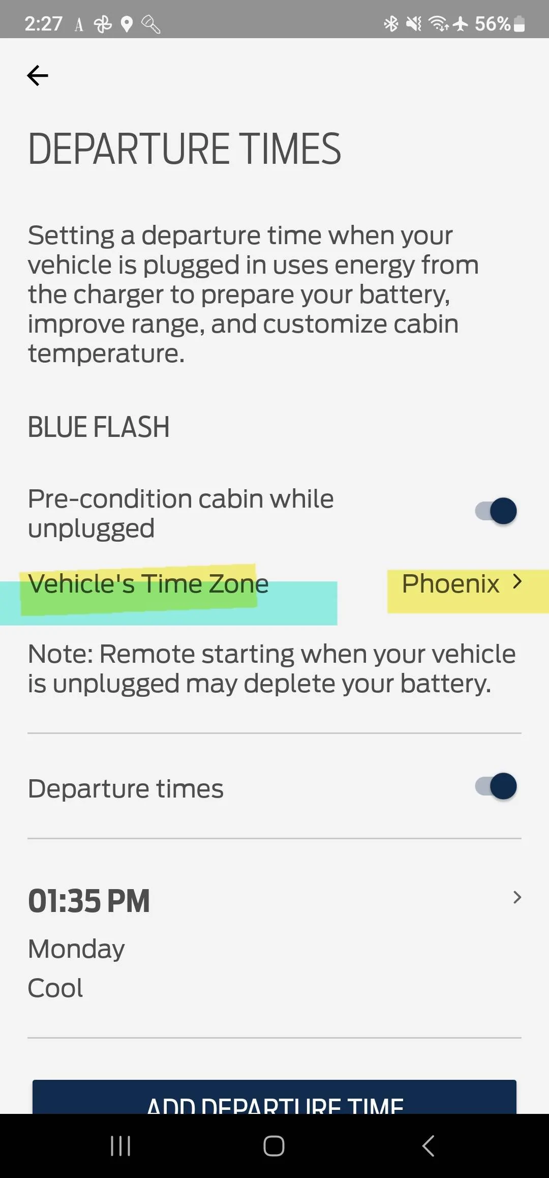 Ford Mustang Mach-E Setting Departure time on app - time zone Screenshot_20231026_142747_FordPass
