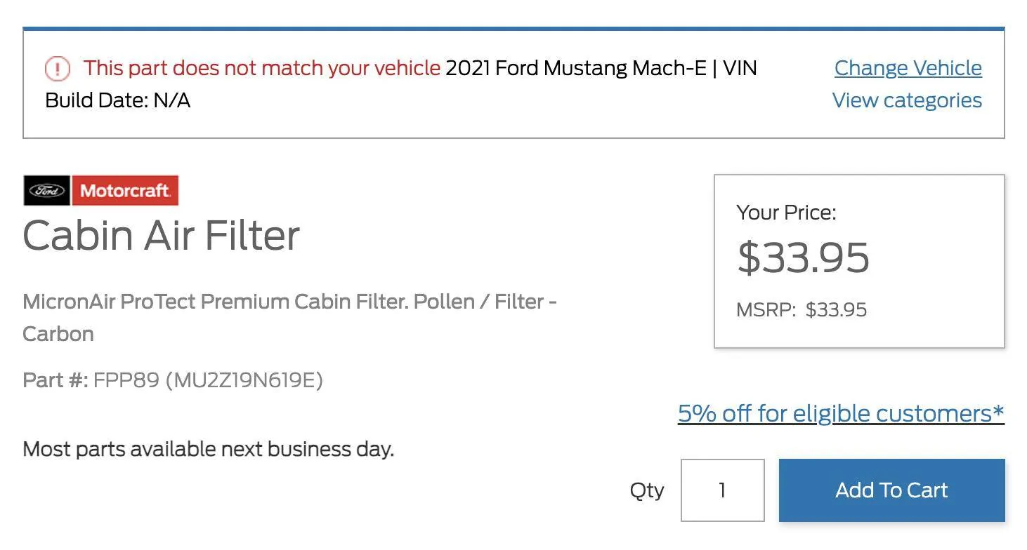 Ford Mustang Mach-E New Premium Cabin Air Filter from Ford Screenshot 2023-10-30 at 10.13.20 AM