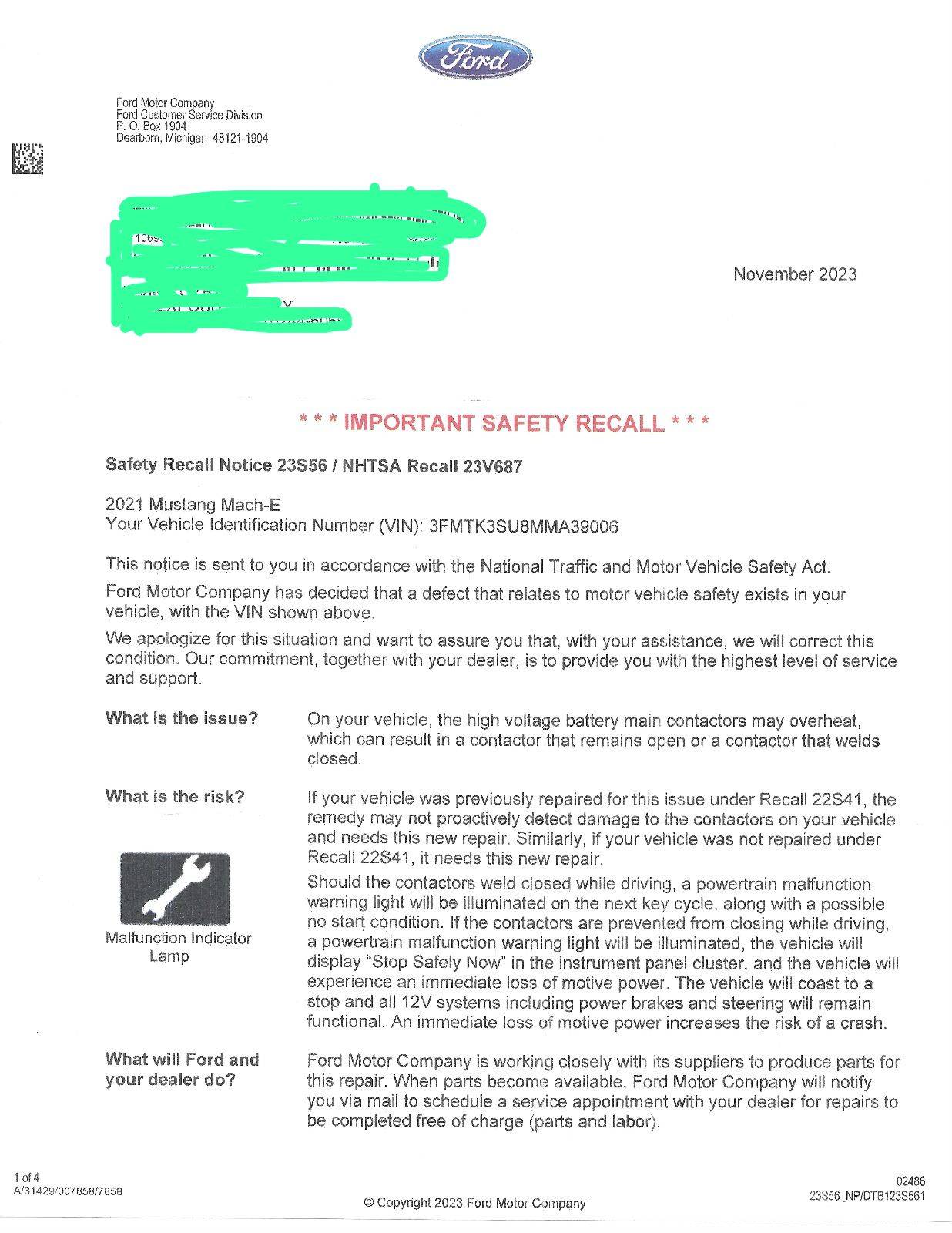 Ford Mustang Mach-E Recall Information: High Voltage Battery Junction Box (23S56) Ford Recall