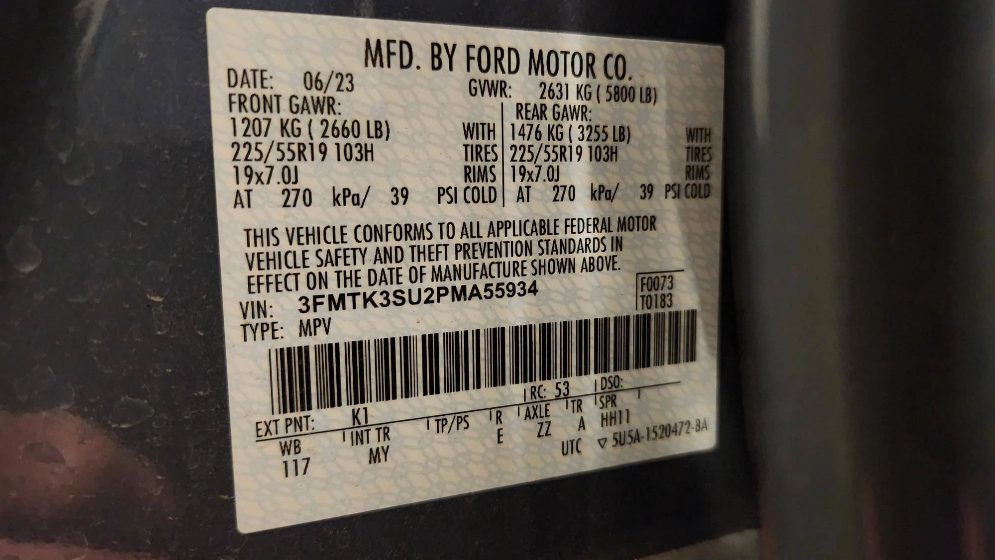 Ford Mustang Mach-E Restraints Indicator Lamp Warning MachE VIN