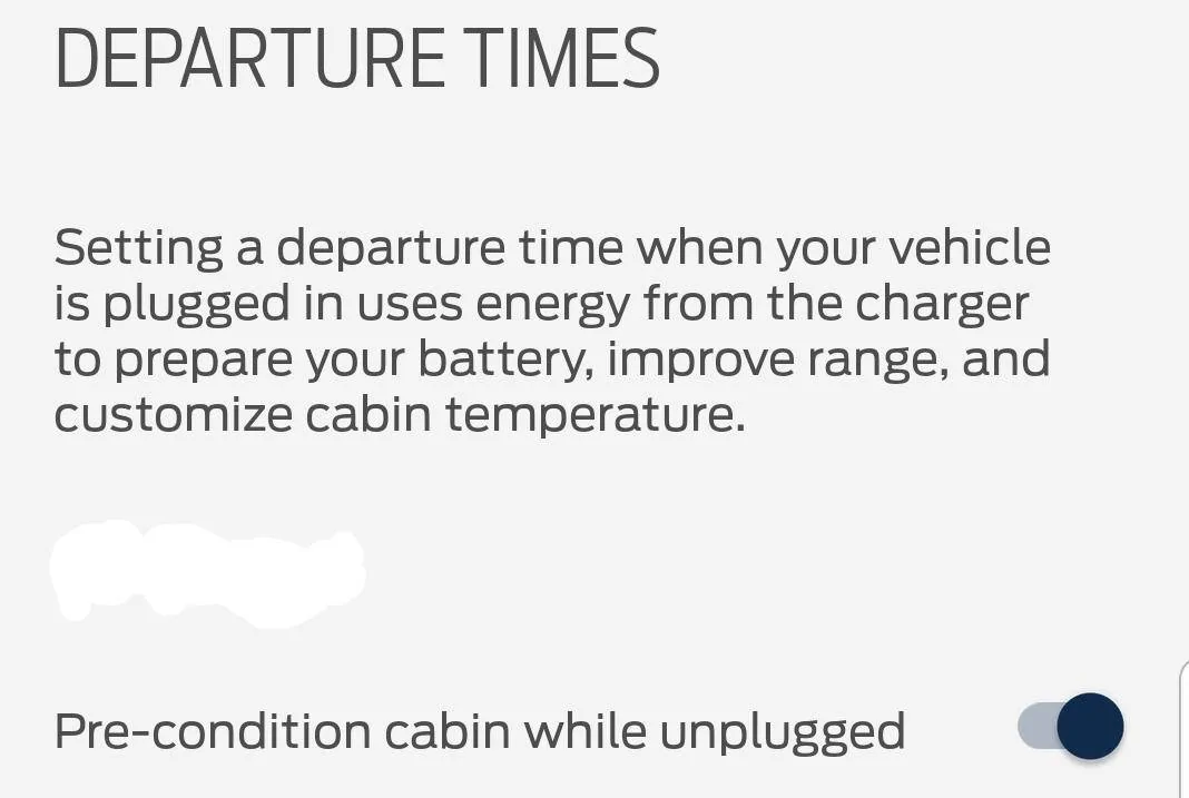 Ford Mustang Mach-E Pre-condition cabin while unplugged departuretimes