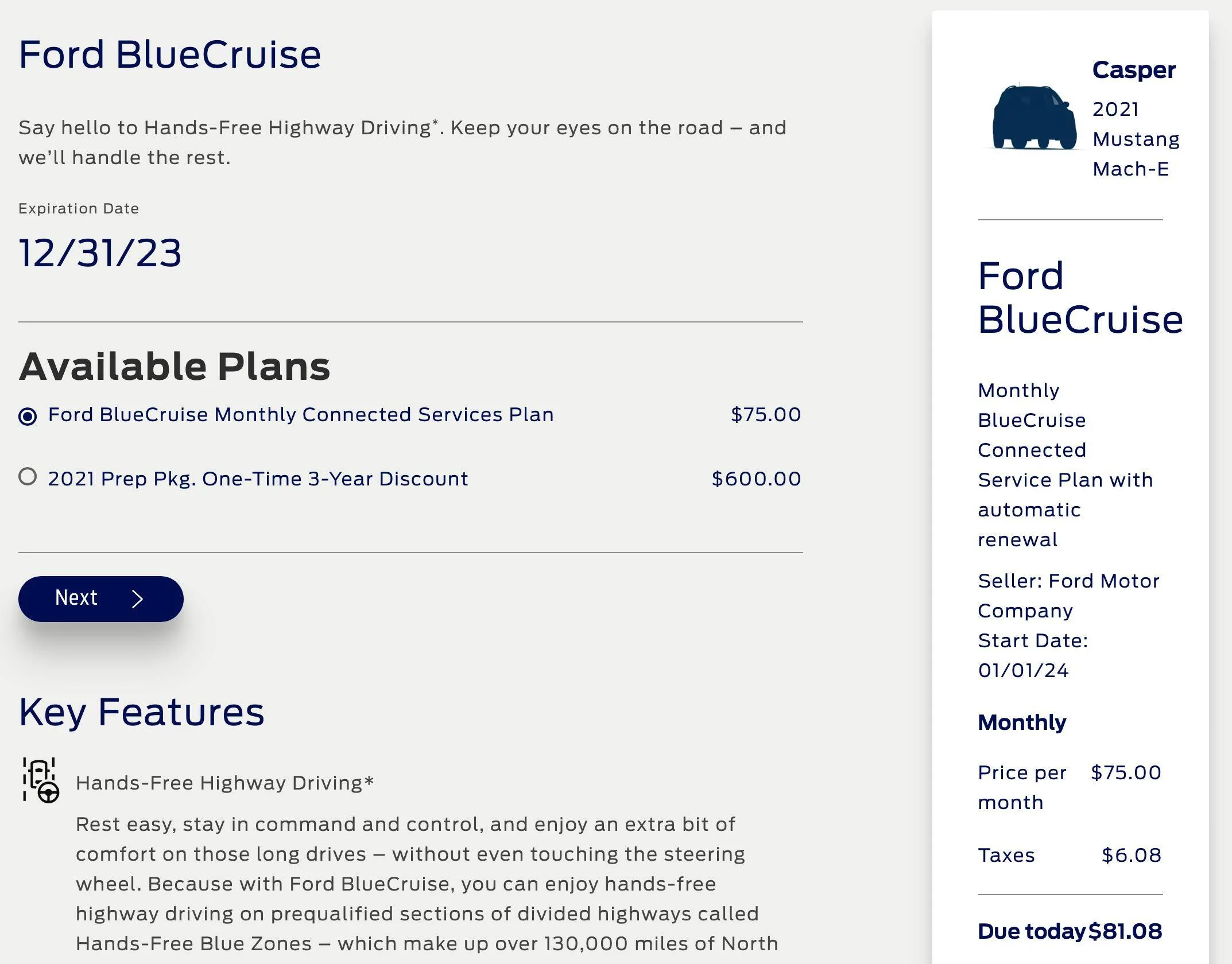Ford Mustang Mach-E Blue Cruise offer Screenshot 2023-12-01 at 9.51.22 AM