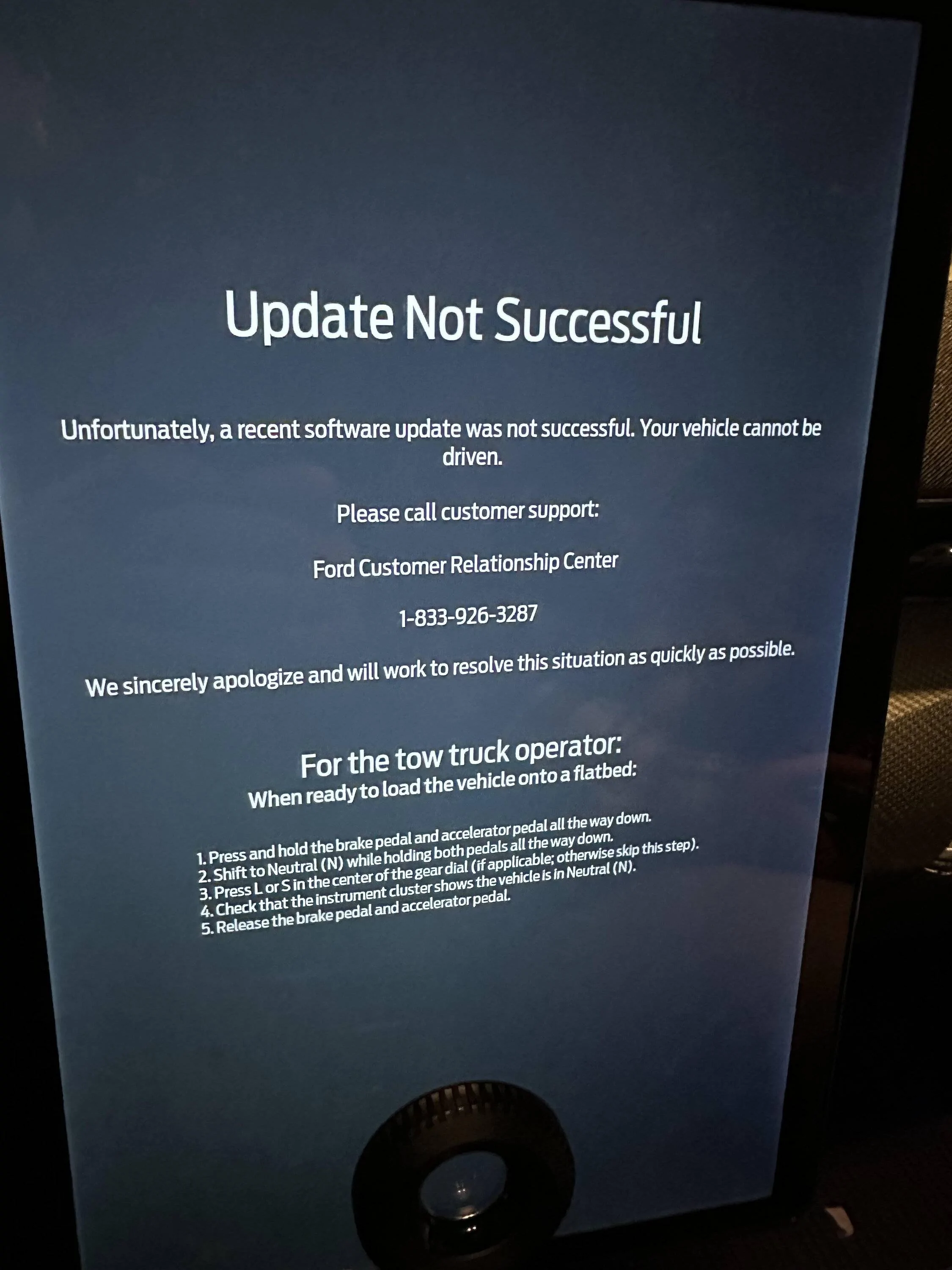 Ford Mustang Mach-E Update not successful. Car cannot be driven. Ford should really think about a mobile service. failedupdat