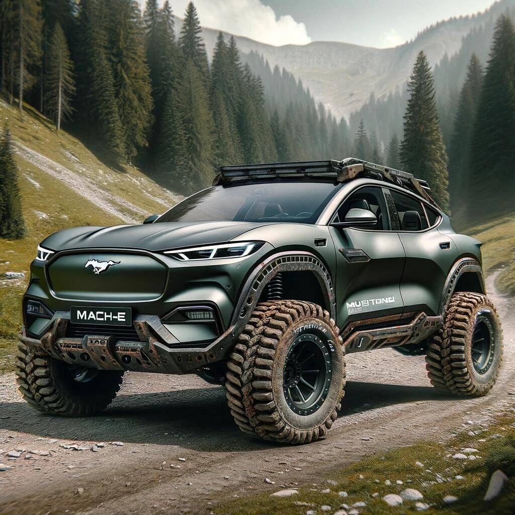 DALL·E 2023-12-13 09.32.15 - A 2023 Mustang Mach-E modified for off-road adventures. The elect...png
