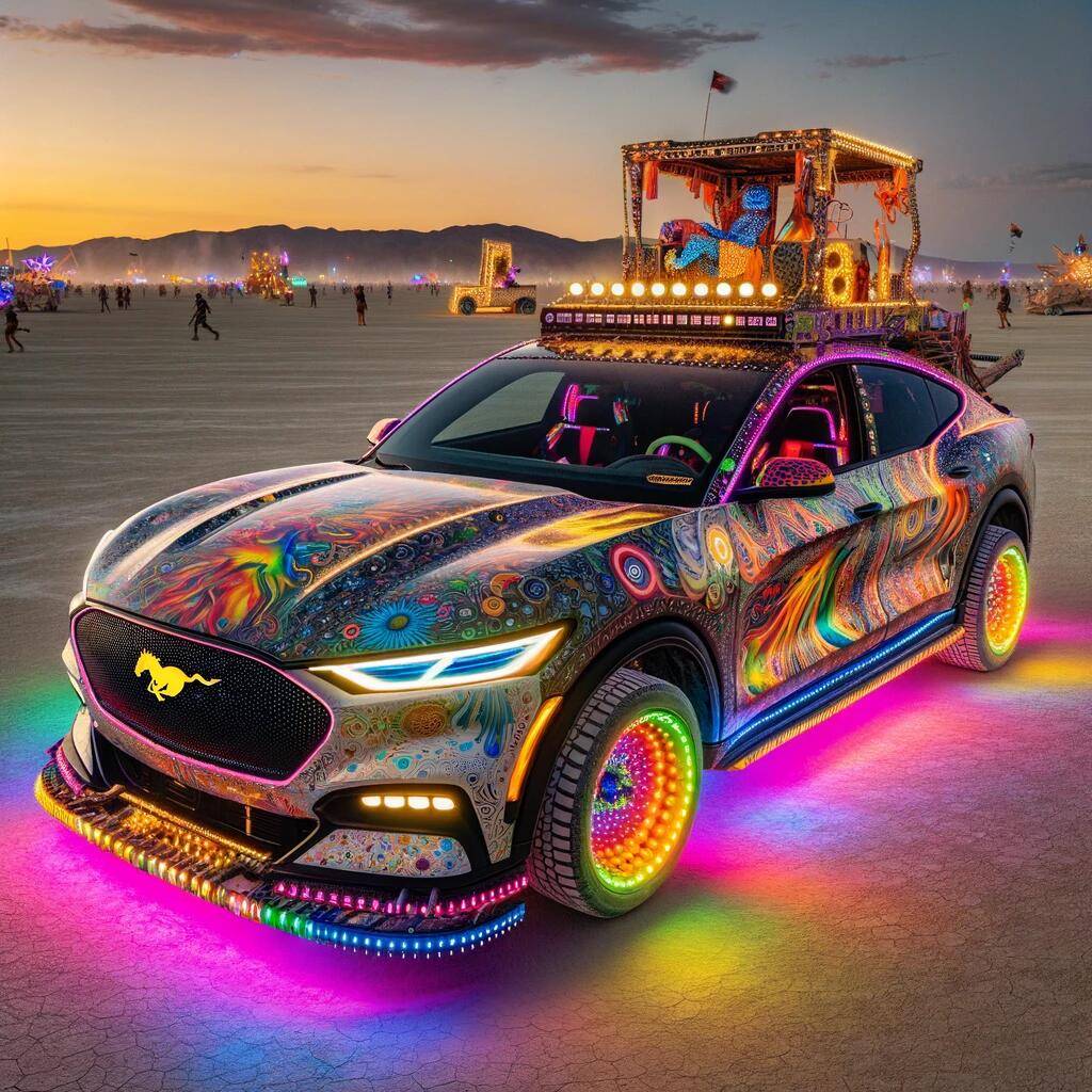 DALL·E 2023-12-13 09.48.43 - A 2023 Mustang Mach-E creatively transformed for the Burning Man ...png