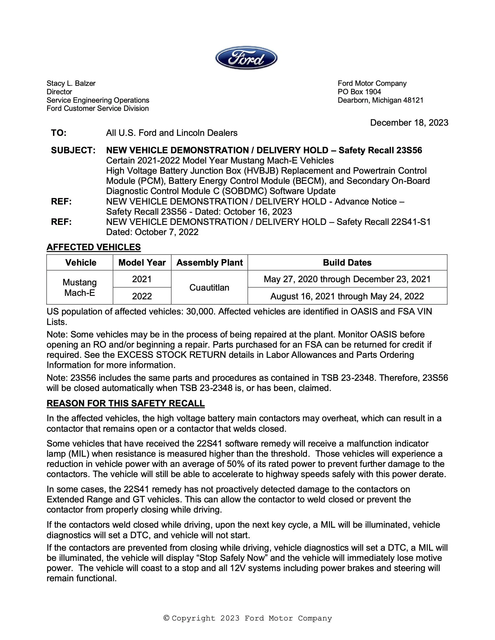 Ford Mustang Mach-E Recall 23S56 - HVBJB Replacement / Powertrain Software Update 23S56 P1