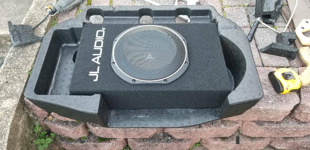 Ford Mustang Mach-E Adding a real subwoofer w/amp to your Mach-E JL 10-inch amp + sub inside the trunk sturofoam cutout