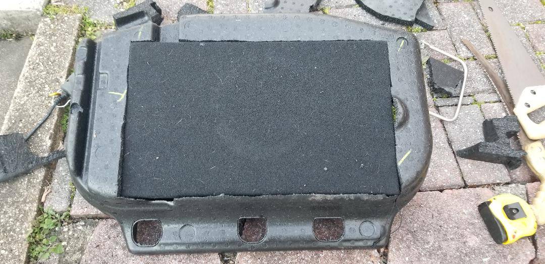 Ford Mustang Mach-E Adding a real subwoofer w/amp to your Mach-E JL 10-inch amp + sub inside the trunk sturofoam cutout - from the back (underside)