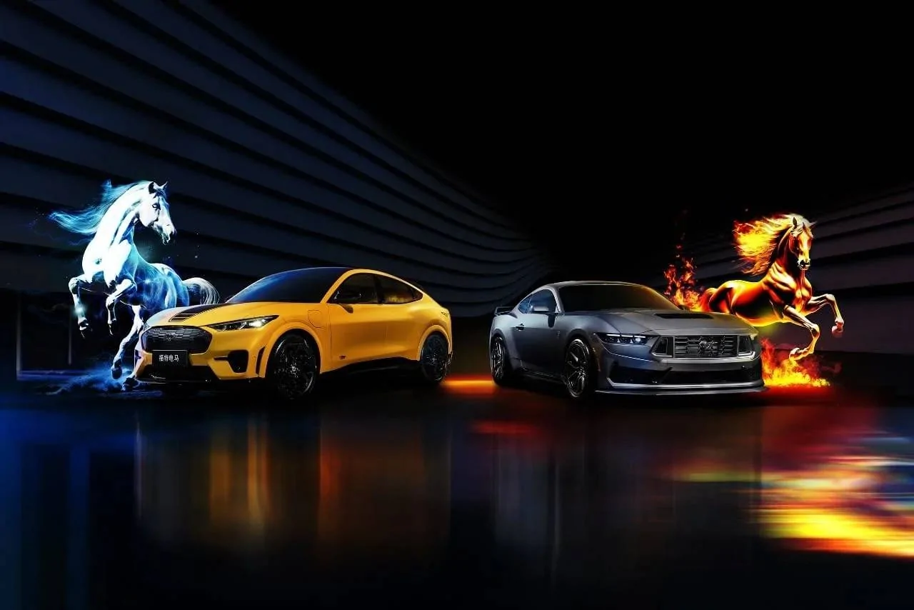 Ford Mustang Mach-E New Mach-E wallpaper art for y'all 2024-Ford-Mustang-Dark-Horse-And-Mustang-Mach-E-China-Wallpaper-Exterior-001-Front-Three-Quar