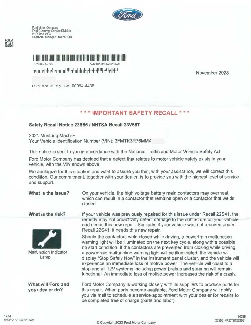 Ford Mustang Mach-E HVJB Inspection/Diagnois? Important Safety Recall