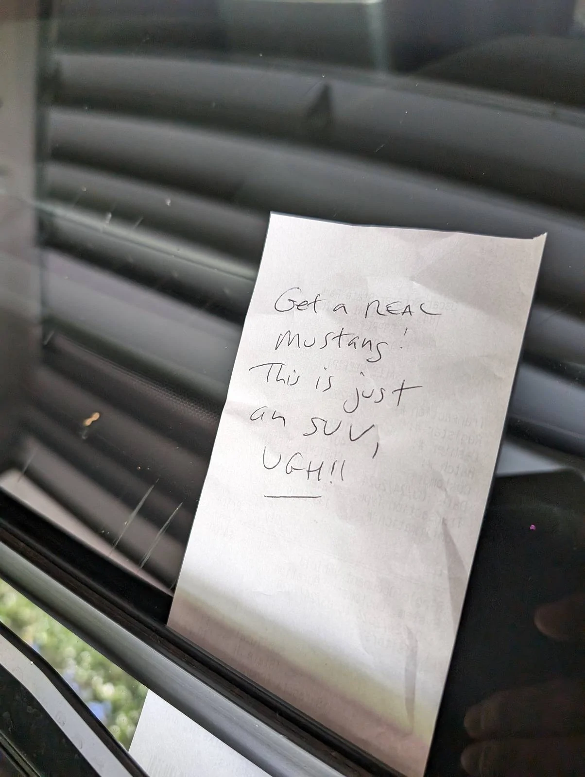 Ford Mustang Mach-E Unsolicited review posted on my windshield 1000004377