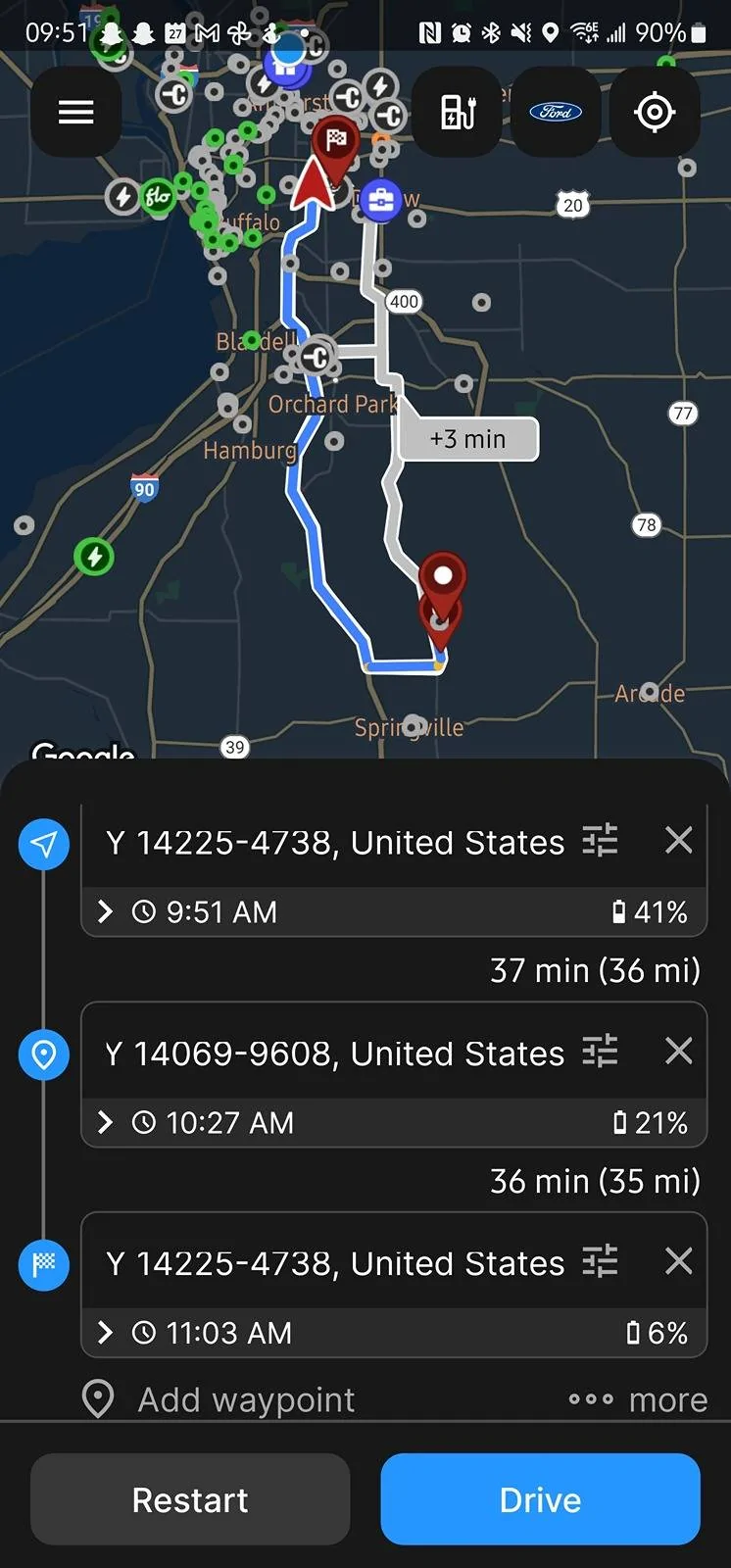 Ford Mustang Mach-E Ford Trip Planner and elevation Screenshot_20240327_095113_ABRP