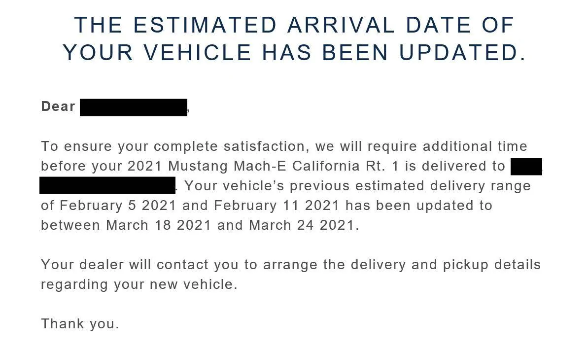Ford Mustang Mach-E Ford sends mass Mach-E delivery delay emails [Updated with Ford's response] 1610682770258