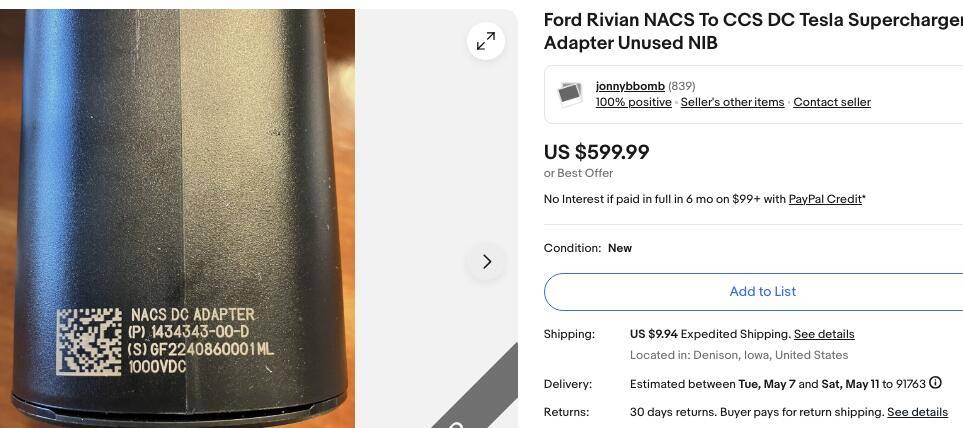 Ford Mustang Mach-E 1st Ford NACS Tesla adapter on eBay was sold for $600.  Anyone going to sell theirs ? Screen Shot 2024-05-03 at 9.49.39 AM
