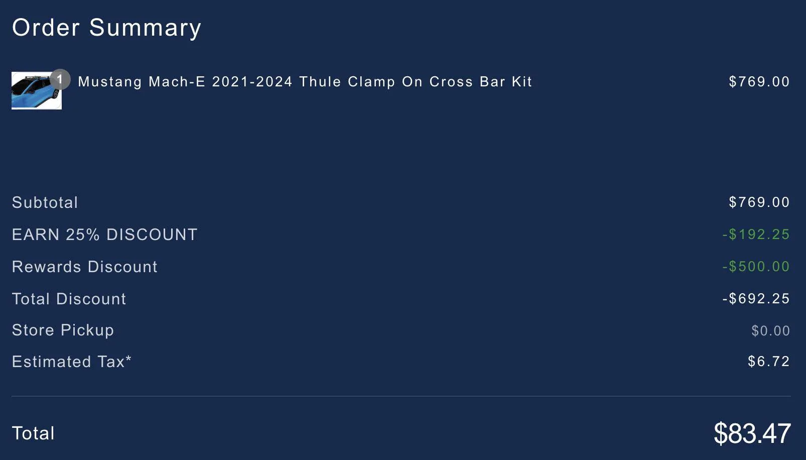 Ford Mustang Mach-E Thule Clamp On Crossbar Kit with 25% off discount from Ford Screenshot 2024-05-07 at 7.26.46 AM