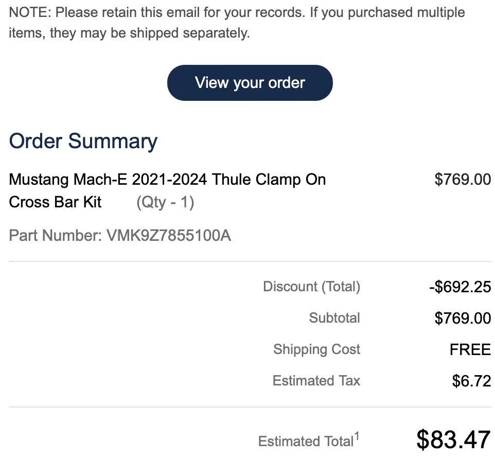 Ford Mustang Mach-E Thule Clamp On Crossbar Kit with 25% off discount from Ford Screen Shot 2024-05-07 at 9.06.39 AM
