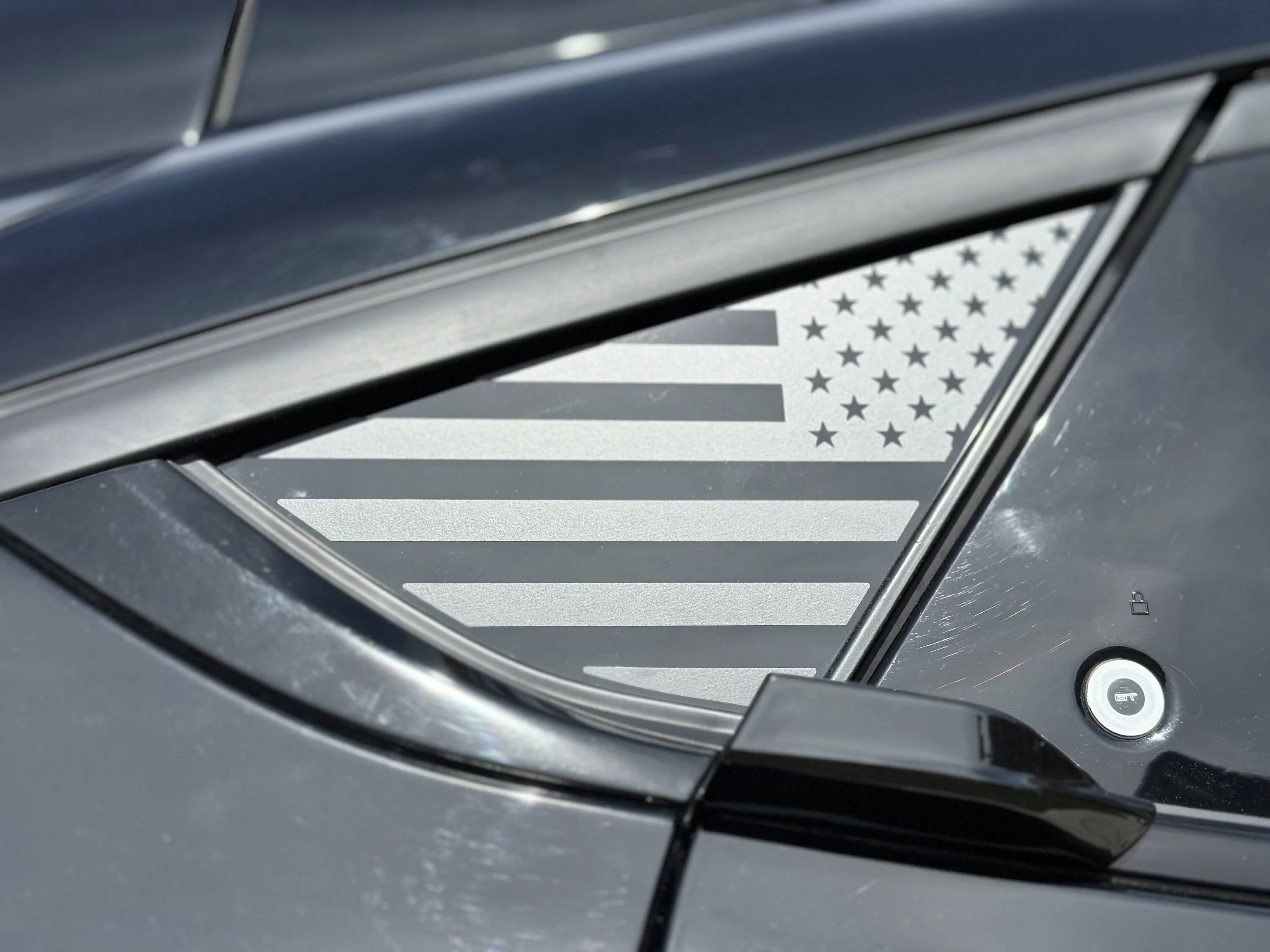 Ford Mustang Mach-E Rear Back Quarter Window American Flag Vinyl Decal IMG_6484