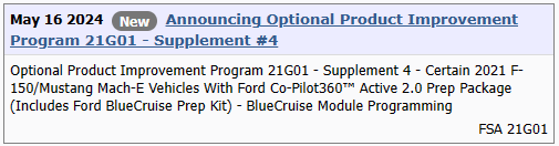 Ford Mustang Mach-E Optional Product Improvement Program 21G01 (BlueCruise) -EXTENDED 21G01_Supplement4
