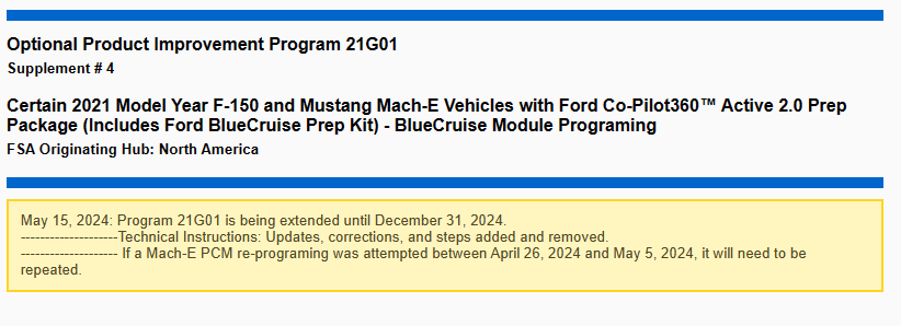 Ford Mustang Mach-E Optional Product Improvement Program 21G01 (BlueCruise) -EXTENDED 21G01_Supplement4_Header