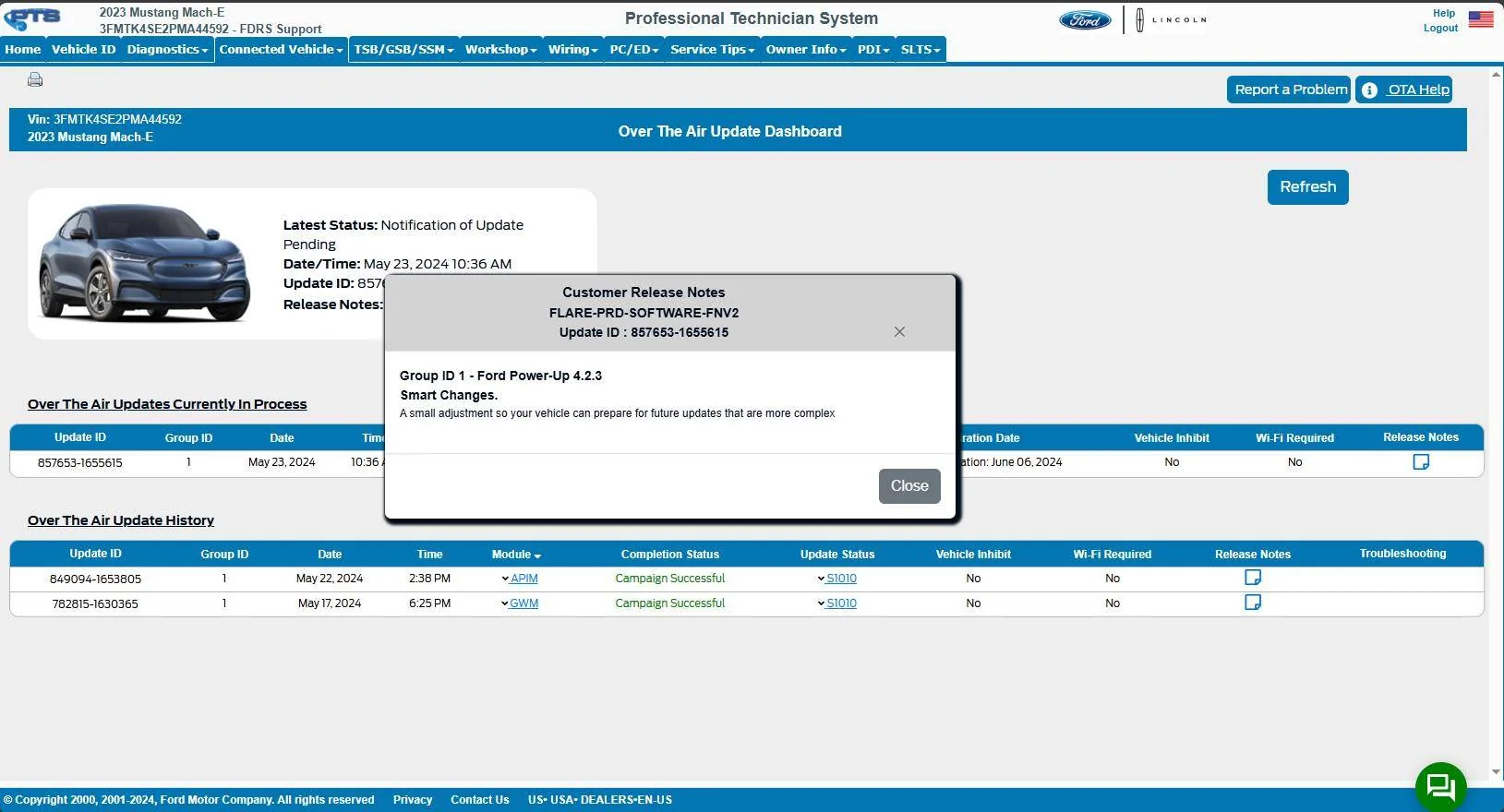 Ford Mustang Mach-E Post here if you have an active FDRS account and are willing to look up info for others 3FMTK4SE2PMA44592-23-May-24OTA_Pending
