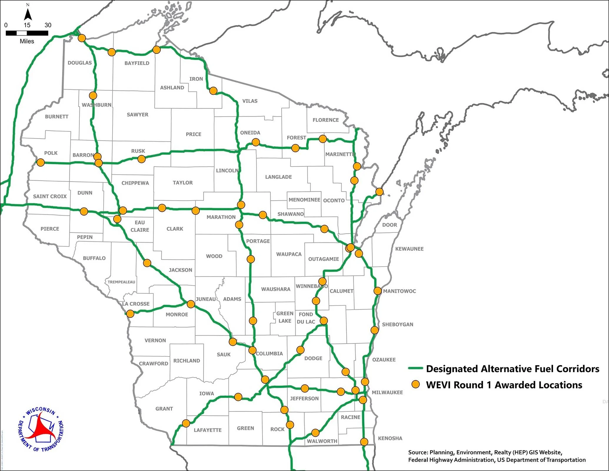 Ford Mustang Mach-E Wisconsin phase 1 EV sites WEVI-round1-RFP-awarded-locations-ma