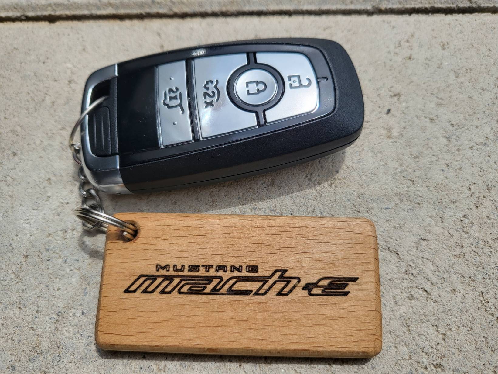 Ford Mustang Mach-E Keychain - laser etched Mach-e logo and pony 20240526_132509