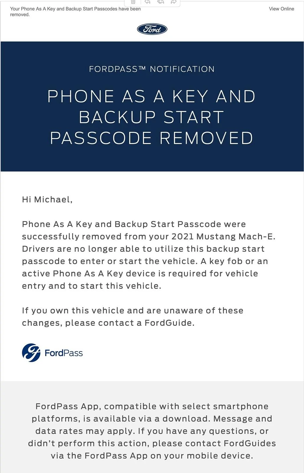 Ford Mustang Mach-E Random PHONE AS A KEY AND BACKUP START PASSCODE REMOVED email Screenshot 2024-06-03 at 11.46.15 AM