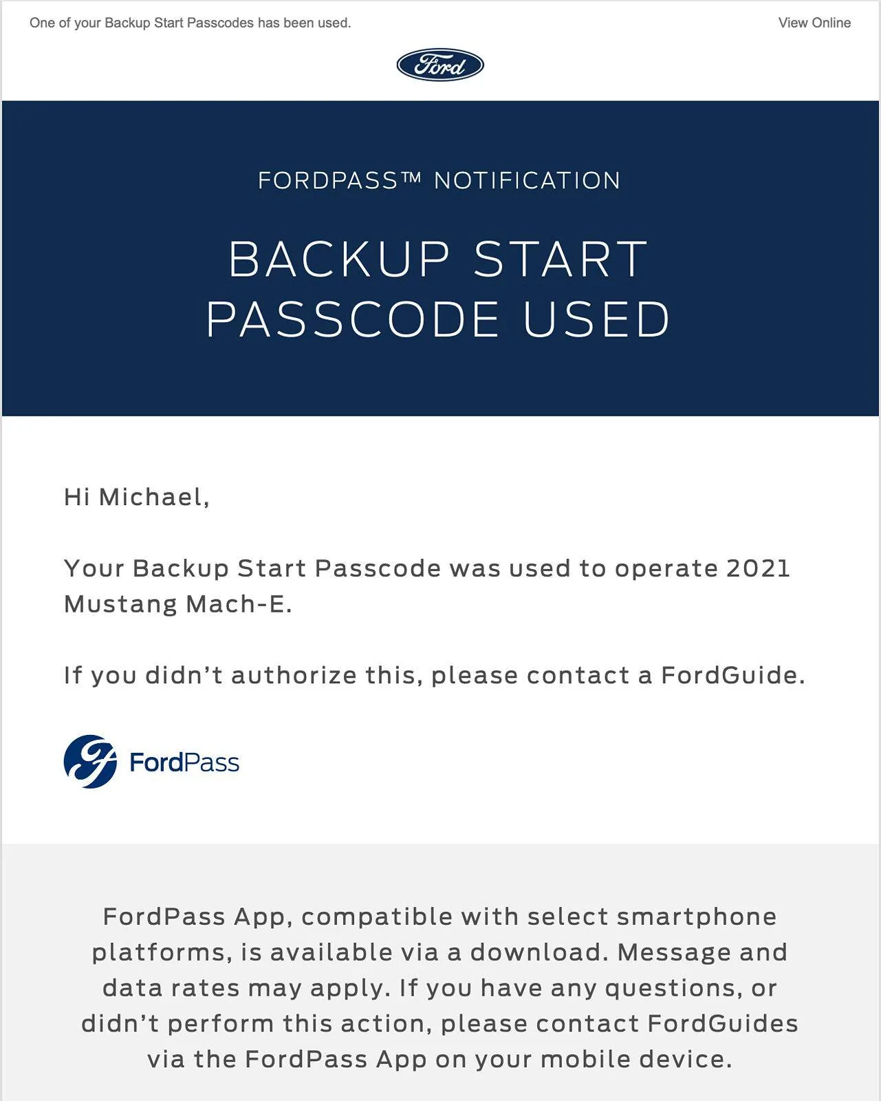 Ford Mustang Mach-E Random PHONE AS A KEY AND BACKUP START PASSCODE REMOVED email Screenshot 2024-06-04 at 6.58.33 PM