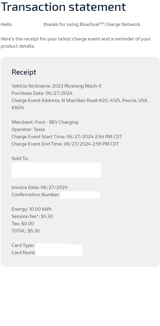 Ford Mustang Mach-E BlueOval charge network + Tesla network was amazing! tesla charging reciept
