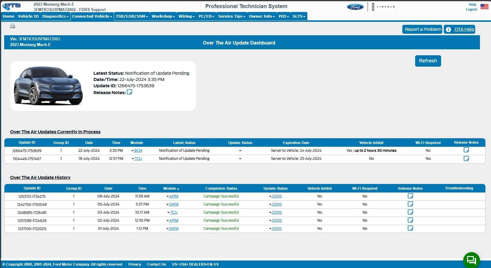 Ford Mustang Mach-E Post here if you have an active FDRS account and are willing to look up info for others 3FMTK3SU5PMA72002-23-Jul-24OTA