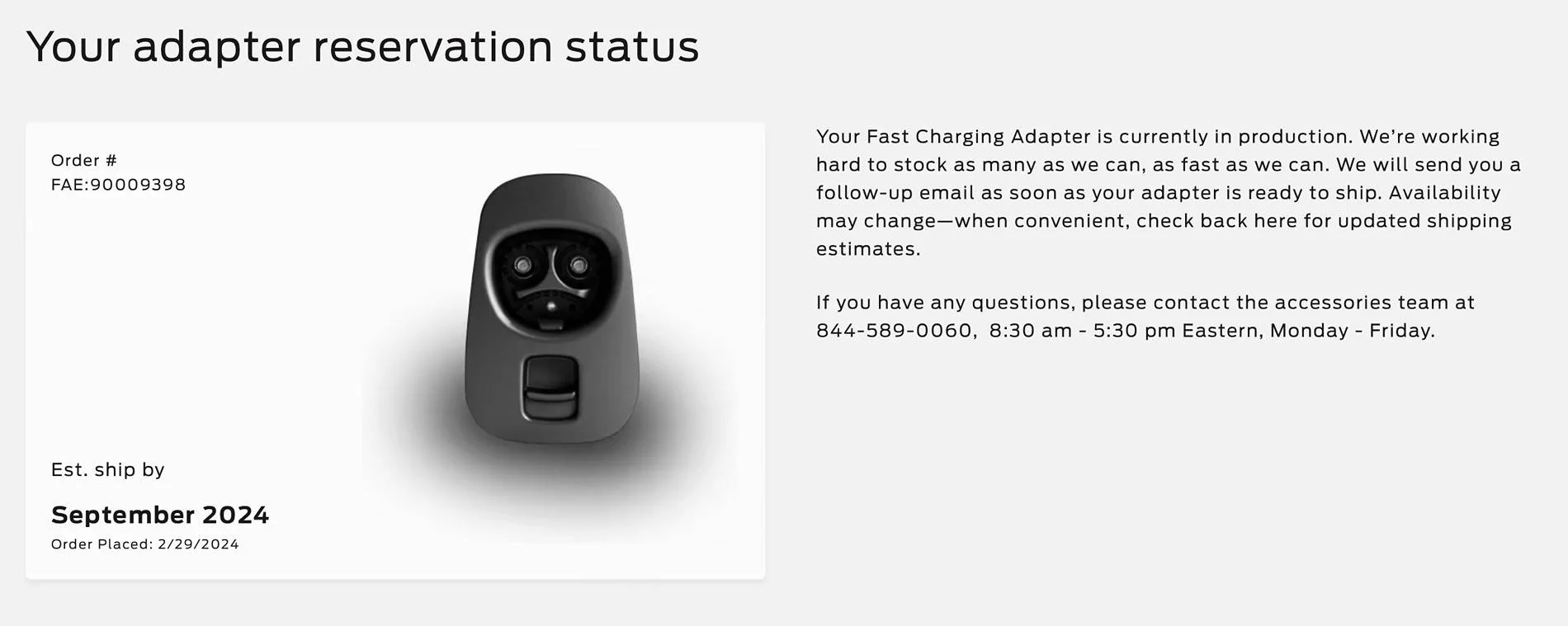 Ford Mustang Mach-E Second batch of NACS adapters are shipping out Adapter Reservation Status September 2024