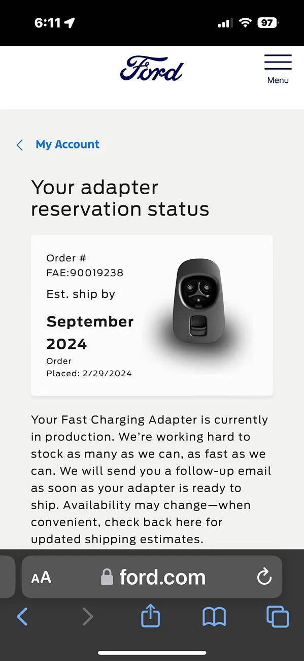 Ford Mustang Mach-E NACS Adapter delivery window delayed again IMG_3642