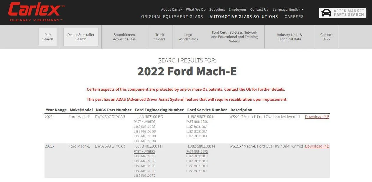 Ford Mustang Mach-E OEM windshield IRR layer strangeness part_numbers