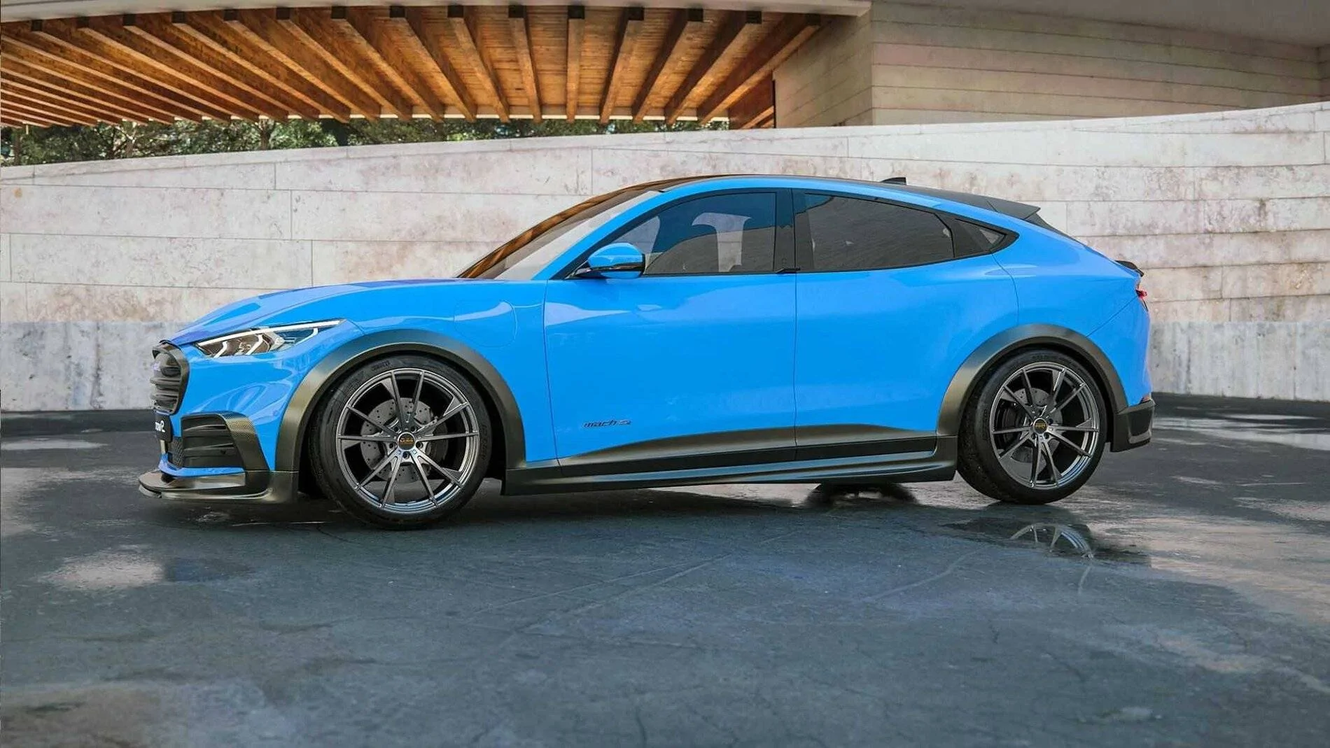 Ford Mustang Mach-E Mach-E by Motion R Design: body kit, front lip, fender flares, spoiler, wheels, drop, mods ford-mustang-mach-e-by-motion-r-design-front-corner 3