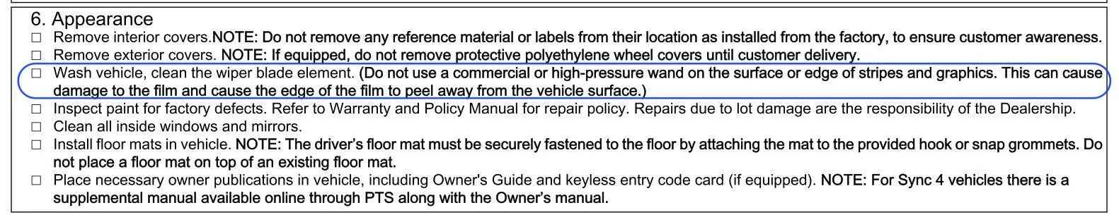 Ford Mustang Mach-E Dealer Pre-Delivery Checklist for the Mach-E Appearance section