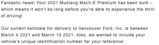 Ford Mustang Mach-E Delayed delivery date now moved up (sooner) 1611611520586